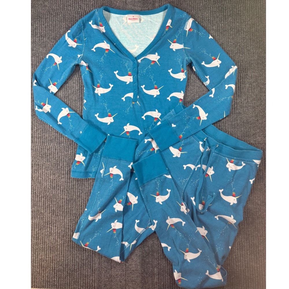 Hanna Andersson XS Blue Narwhal Organic Cotton Pajama Set Henley Long Sleeve XS